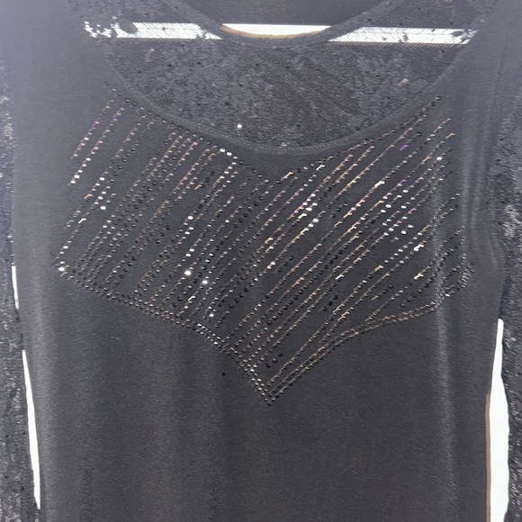 FLARE LACE BLACK SLEEVES BEDAZZLED RHINESTONE TOP LACE DETAILING SPARKLY - Picture 7 of 11